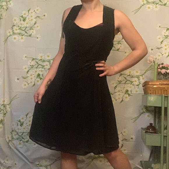 Vintage Dresses & Skirts - Vintage 90s little silver black cocktail crisscross back flare knee length dress